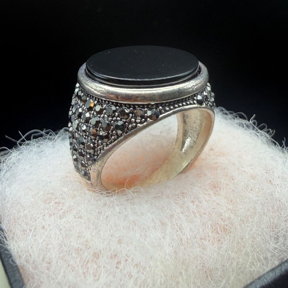 Vintage Men Silver Black Onyx Signet Ring Marcasite Ottoman Band Size 8